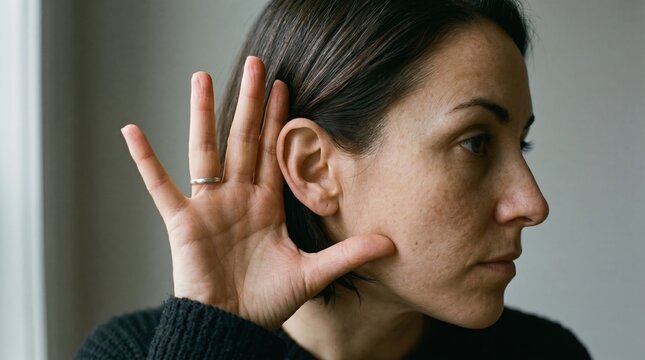 Woman holding hand behind ear while listening carefully and leaning forward with listening attention concentrating
