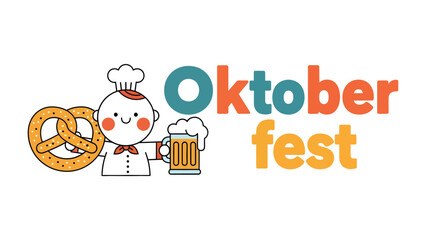 Oktoberfest Celebration Illustration: A cute cartoon chef holding a pretzel and a beer mug stands next to the text Oktoberfest, evoking the festive spirit of the German beer festival. © Md