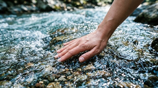 Person washing hands in clear mountain stream water outdoors with touching outdoors environment mountain refreshing