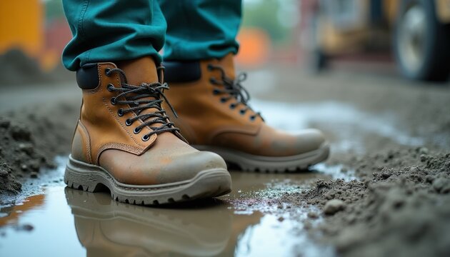 Man wears brown work boots on wet ground. Worker stands near construction site with mud and puddles. Sturdy footwear provides safety protection and grip.