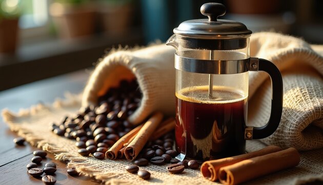 French press full of dark coffee sits near burlap bag of beans. Cinnamon sticks and linen fabric add rustic charm to morning beverage setup. Warm light illuminates coffee prep on table.