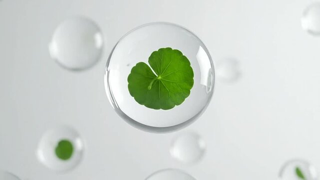 A green leaf floating inside a clear liquid bubble sphere