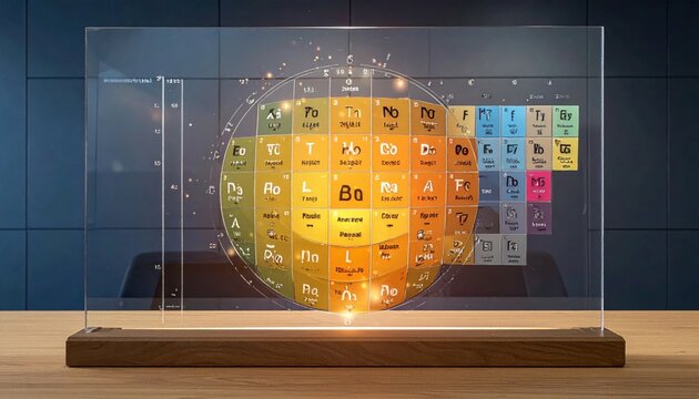 Modern Periodic Table of Elements displayed on a glowing transparent backlit acrylic panel, science education display