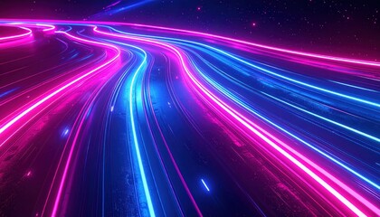 Fototapeta premium Futuristic Neon Light Trails on a Highway at Night, Abstract Speed and Motion