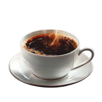 A close-up shot of a white ceramic coffee cup on a saucer, filled with dark, steaming liquid. The background is black