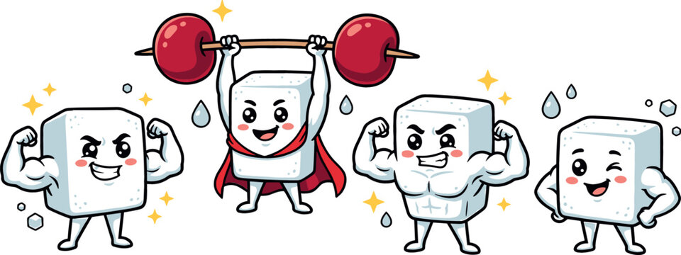 Cute sugar cube cartoon mascot characters vector set showing muscle flexing weightlifting with cherries and wearing superhero cape isolated on white background