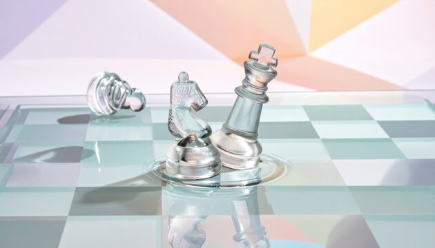 Translucent glass chess pieces stand on a reflective board with liquid ripples, featuring a knight and king over a pastel geometric background in a cinematic banner composition.