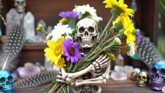 Ethereal Skeleton Embraces Vibrant Flowers, A Day of the Dead Celebration of Life and Remembrance.