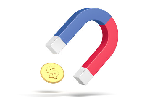 Magnet and dollar coin isolated on white background. 3d illustration.