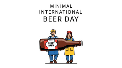Fototapeta premium Minimal International Beer Day Celebration: Two people in aprons carry a giant beer bottle, celebrating International Beer Day with a minimalist graphic style.