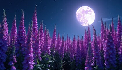Naklejka premium Field of purple foxglove flowers under bright full moon at night sky with stars. Nocturnal bloom, ethereal landscape, fairytale garden scene. Romantic, magical atmosphere.
