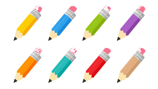 Set of colorful pencil icons with erasers on white background