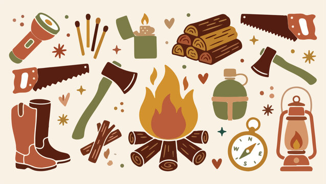 Camping adventure outdoor gear, campfire wilderness night, hiking survival equipment, tent forest travel, rustic fire bonfire, wood log campfire, scout exploration tools, nature campsite elements
camp