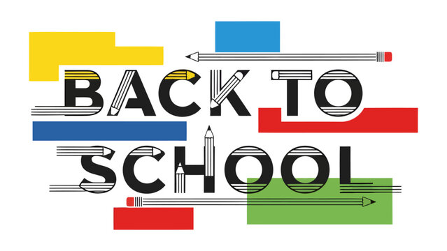 Back to School Graphic: A vibrant and colorful design featuring bold typography that reads BACK TO SCHOOL, creatively interspersed with stylized pencils and abstract shapes.