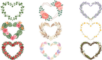 Elegant floral heart wreath vector set with rose lavender tropical leaf pampas grass and branch frames for wedding invitation and valentines day greeting card design © MstHura