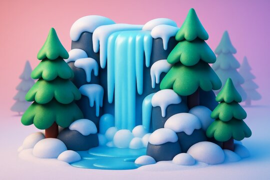 Winter forest scene with stylized snowy waterfall, pine trees, and icy rocks under soft pink and blue light background in abstract style. Ai generative