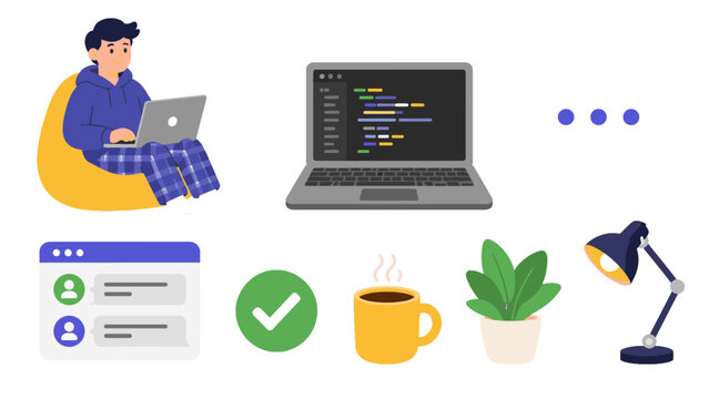 Set of remote work and coding themed vector icons