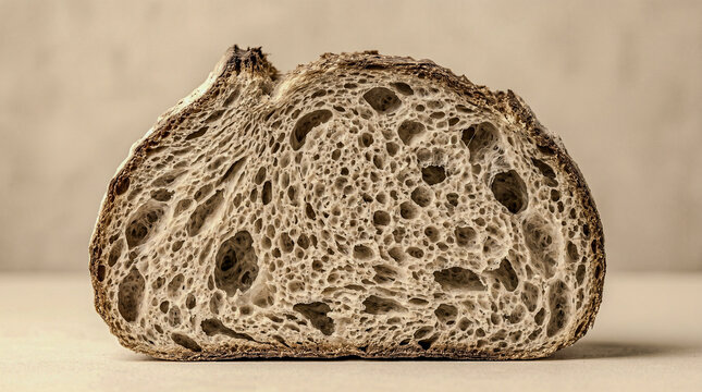 Sourdough bread crumb cross-section gluten web air pockets, warm ivory mono macro