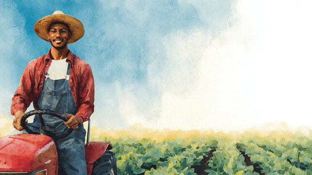A farmer smiles warmly, tending to a solar-powered tractor amidst rows of lush, organic crops, in a sun-drenched field