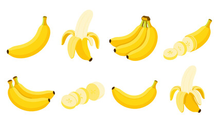 Obraz premium Set of banana illustrations with whole peeled bunch and slices
