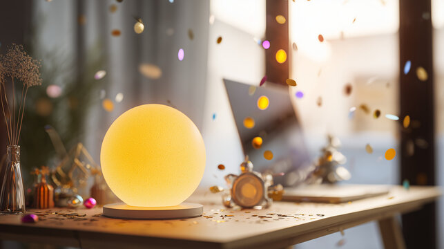 population. Gold globe lamp with confetti on modern office desk. pitch deck slides, case study pages, designed for corporate presentation decks and stakeholder reports, used by marketing managers.
