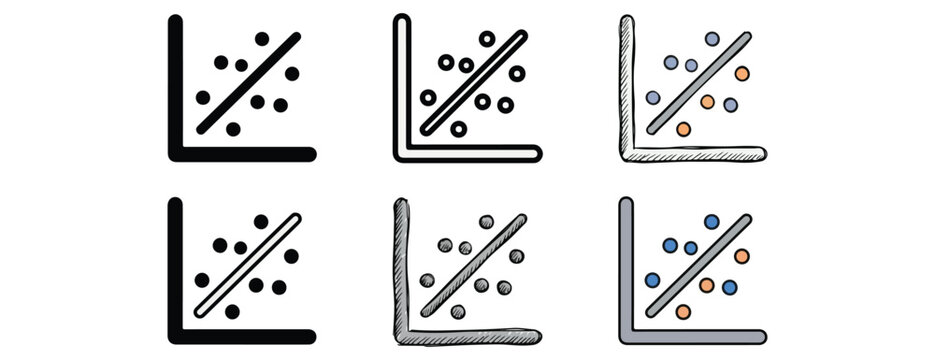 Data visualization icons showing various scatter plots with lines representing trends and correlations isolated on transparent background