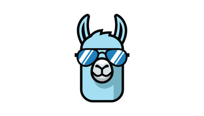 Fototapeta premium Cool light blue llama character wearing dark blue aviator sunglasses looks forward against a white background.