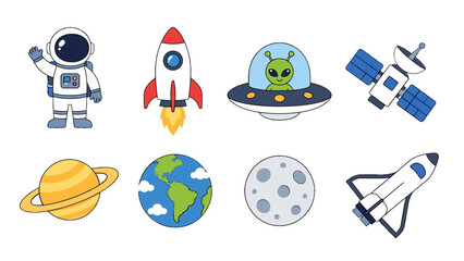 Cute space icon set with astronaut rocket planet and shuttle © icon_art