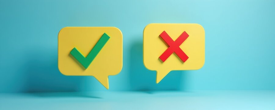 Yellow speech bubbles display green check mark and red cross icons. These symbols represent approval or rejection, correct and incorrect answers. Good versus bad choices.