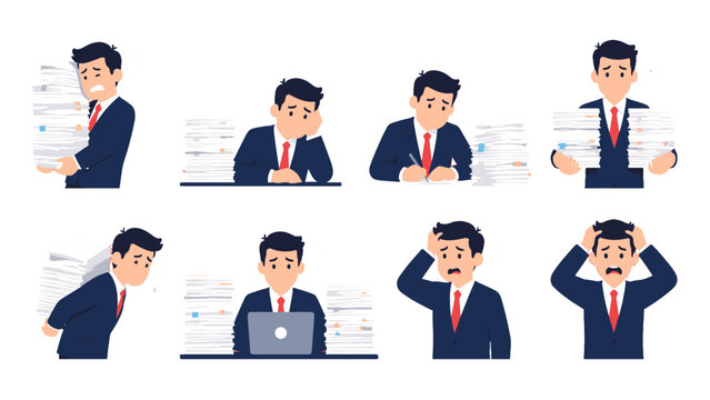 Stressed office worker with paperwork in multiple poses set