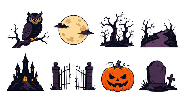 Halloween vector set with owl moon trees castle and pumpkin