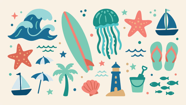 Surfing tropical beach waves, ocean adventure travel, summer surfing gear, tropical sea life, coastal holiday leisure, exotic island surf, water sports hobby, sunny paradise icons
surfing, surf, tropi