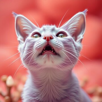 Lilac feline, eyes wide, jaw agape in silent awe, against a coral dreamscape, vintage film grain, lilac cat,  vintage