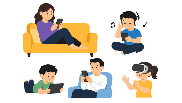 People using smartphones tablet headphones and virtual reality