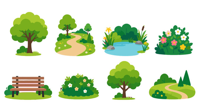 Set of park landscape elements with trees, path, pond and bench