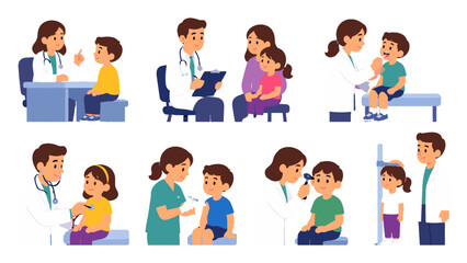 Naklejka na ściany i meble Pediatric doctor examining children in clinic vector set