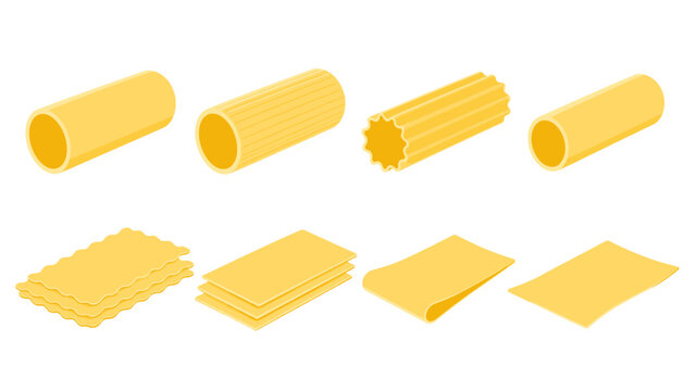 Various uncooked pasta shapes set in yellow vector style