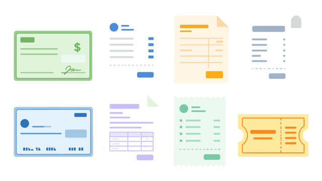 Set of payment and receipt document icons in pastel colors
