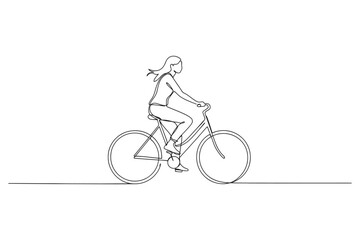 Fototapeta premium Continuous single line art of a woman riding a bicycle with continuous minimalist transportation lifestyle exercise activity movement recreation illustration traveling vacation commuter
