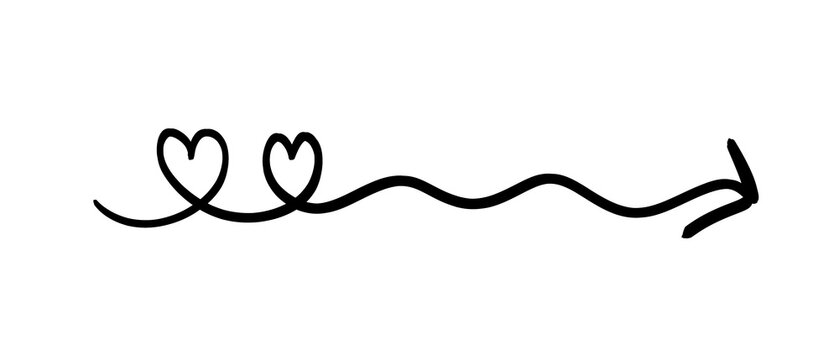 Hand-drawn arrow with two hearts and a wavy line leading to an arrowhead on transparent or white background