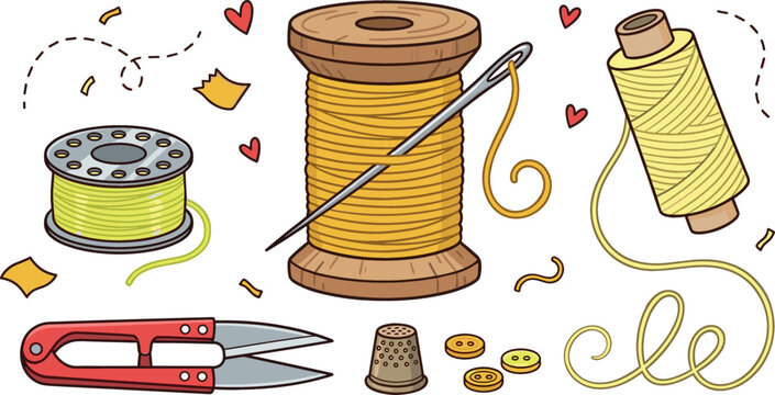 Flat vector cartoon sewing set with wooden spool yellow thread needle metal bobbin sharp scissors thimble isolated on white