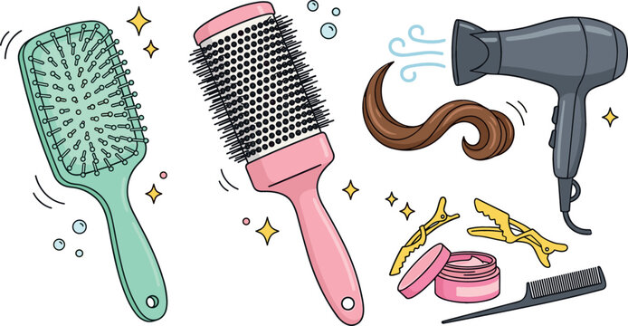 Flat vector cartoon hair care set with paddle brush round blow drying brush hairdryer clips comb isolated on white background