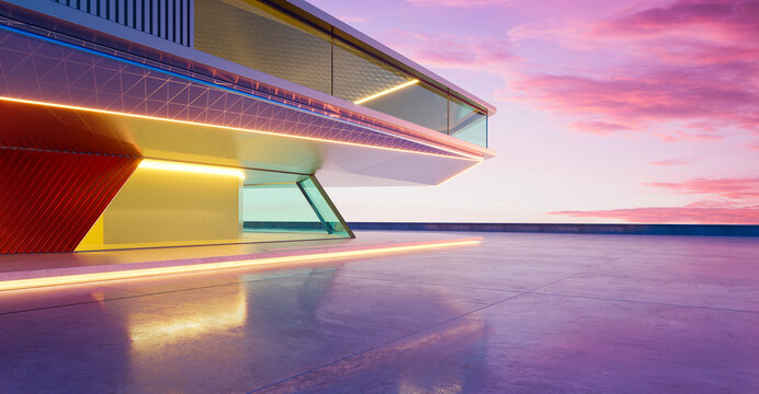 3d rendering futuristic building with modern architecture on rooftop during sunset