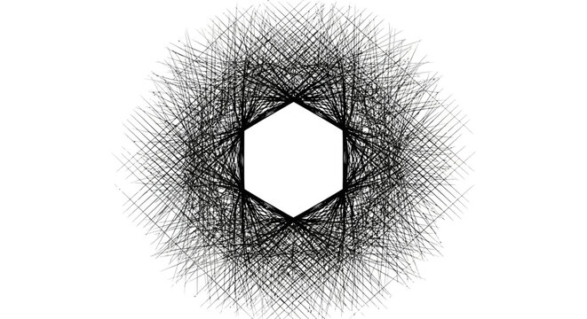 Abstract Hexagon Geometric Shape with Chaotic Lines, Black and White Grunge Texture
