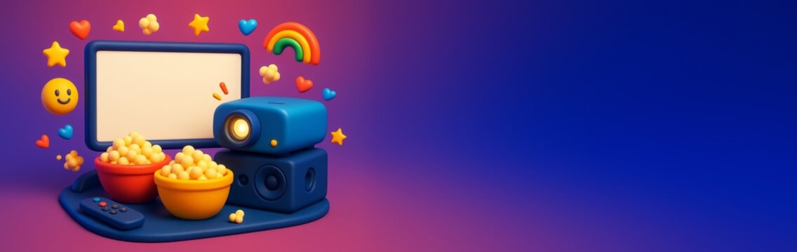 Colorful home movie night setup with projector, popcorn, and playful 3D icons on vibrant background with copyspace for banner or poster design. Ai generative