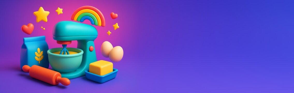 Colorful baking equipment with ingredients and rainbow on vibrant gradient background with empty copy space for design or promotional banner. Ai generative