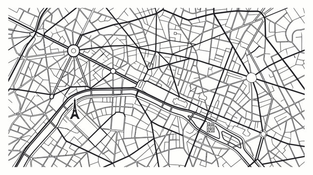 Paris map illustration with Eiffel Tower and Seine river outline