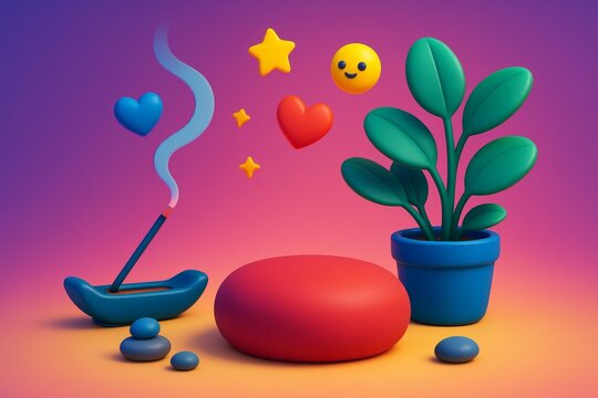 Colorful meditation concept with incense, heart, stars, smiling emoji, and potted plant in soft 3D style on gradient background lighted calmly. Ai generative