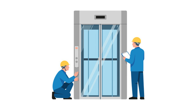 Two professional technicians in blue uniforms and yellow hard hats inspect an elevator door panel for safety and maintenance procedures.