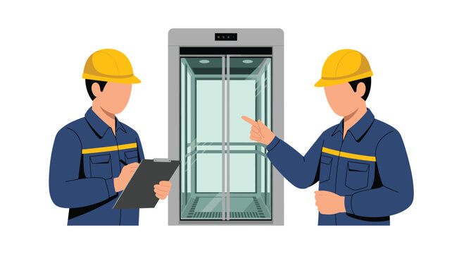 Two technicians in blue uniforms with a clipboard inspecting a metallic elevator for routine maintenance and safety checks.